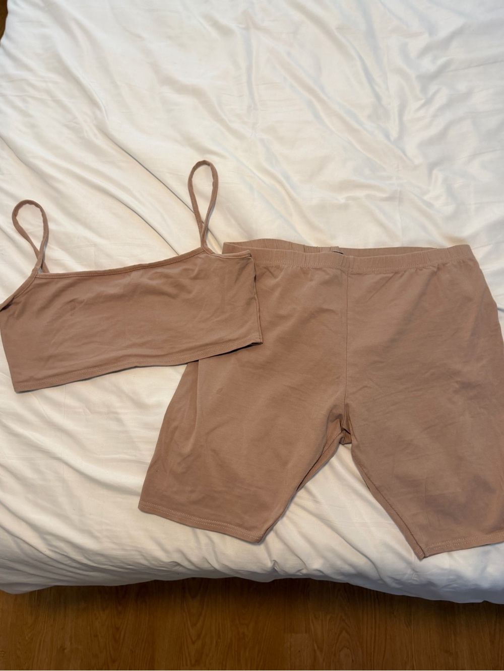 PrettyLittleThing Nude Brown Bandeau Crop Top & Biker Shorts Set